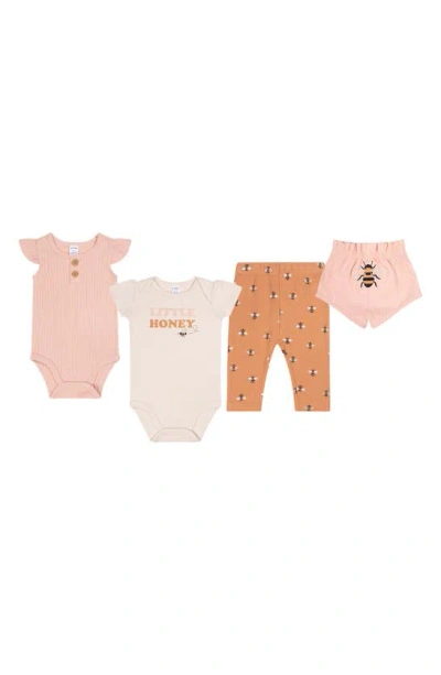 Petit Lem Babies' 4-piece Bodysuit & Bottoms Set In Pink/ Off White Bee