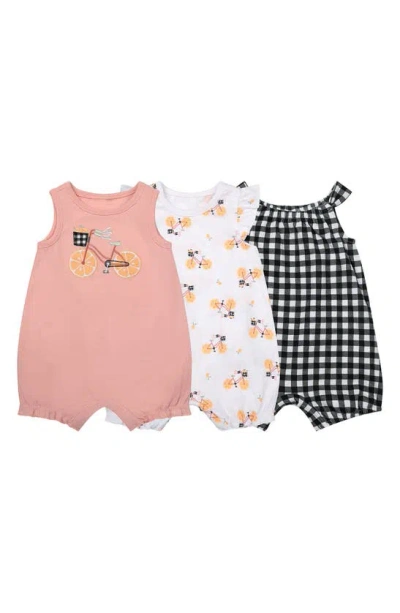 Petit Lem Babies' Assorted Print 3-pack Rompers In Light Pink Bicycle