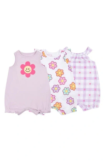 Petit Lem Babies' Assorted Print 3-pack Rompers In Light Purle Smiley