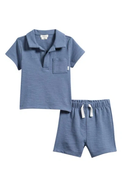 Petit Lem Babies'  Beach Organic Cotton Polo & Shorts Set In Blue