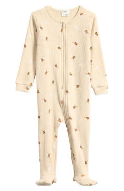 Petit Lem Babies'  Bees Print Rib Footie In Brown