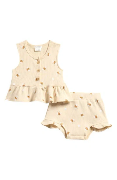 Petit Lem Babies'  Bees Print Rib Peplum Top & Bloomers Set In Neutral