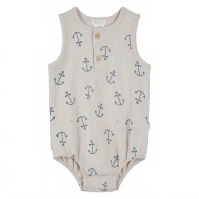 Petit Lem Kids' Boy's Sleeveless Anchor Bodysuit In Beige In Gray