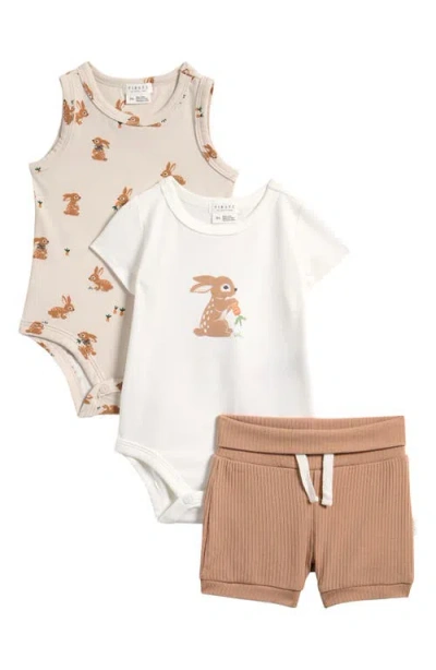 Petit Lem Babies'  Bunnies 3-piece Bodysuits & Shorts Set In Brown