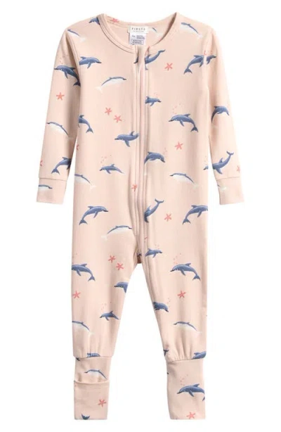 Petit Lem Babies'  Dolphins Organic Cotton Blend Convertible Romper In Neutral