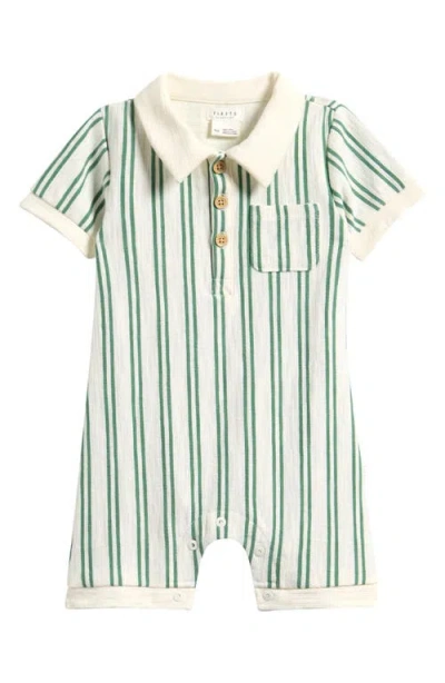 Petit Lem Babies'  Fern Stripe Organic Cotton Polo Romper In Green
