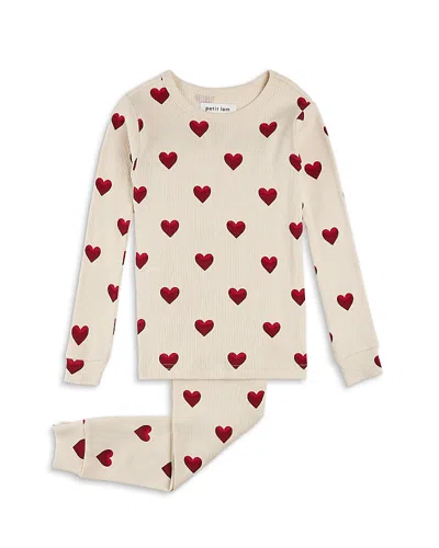 Petit Lem Girls' Heart Print Ribbed Pajama Set - Little Kid In Beige