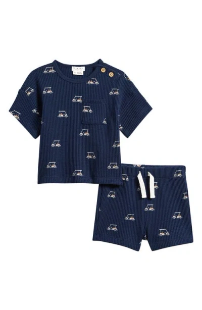 Petit Lem Babies'  Golf Cart Thermal Organic Cotton Blend T-shirt & Shorts Set In Blue