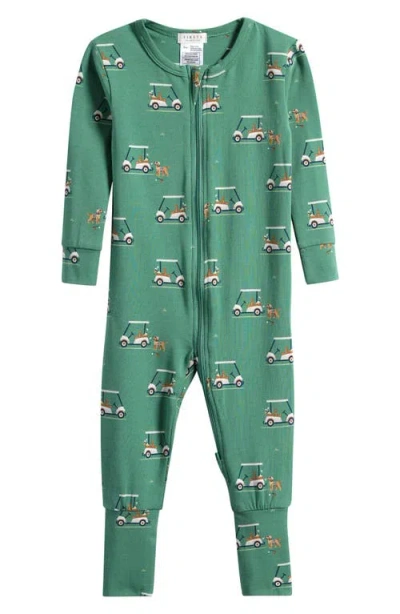 Petit Lem Babies'  Golf Carts On Spruce Fitted Stretch Organic Cotton Blend Convertible Footie Pajamas In Green