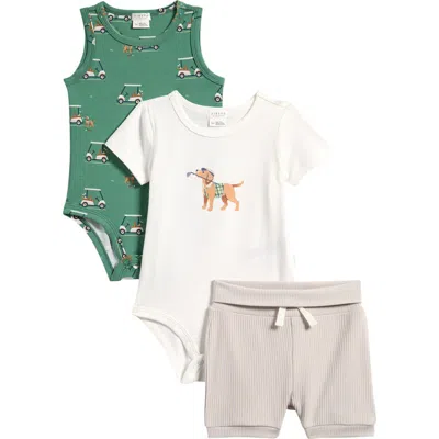Petit Lem Babies'  Golf Pups 3-piece Bodysuits & Shorts Set In Green