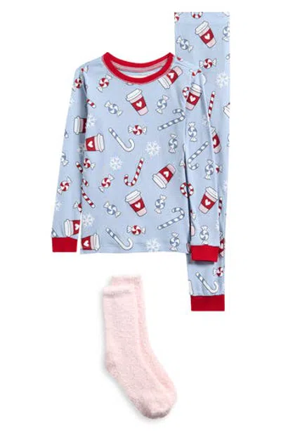 Petit Lem Kids' 3-piece Holiday Pajamas And Socks Set In Blue