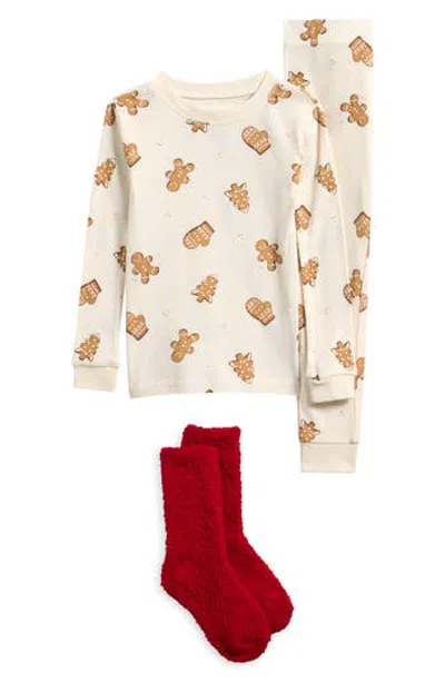 Petit Lem Kids' 3-piece Holiday Pajamas And Socks Set In White