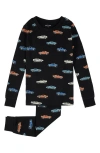 Petit Lem Kids' Car Print Fitted Two-piece Organic Cotton Rib Pajamas In Black