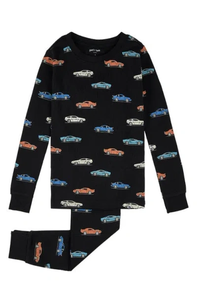 Petit Lem Kids' Car Print Fitted Two-piece Organic Cotton Rib Pajamas In Black