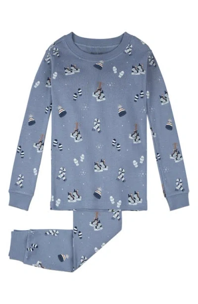 Petit Lem Kids' Cozy Winter Print Fitted Organic Cotton Two-piece Pajamas In Blue