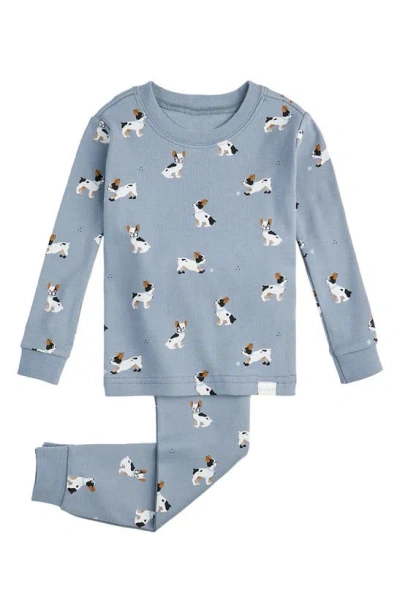 Petit Lem Kids' French Bulldogs Print Fitted Two-piece Organic Cotton Pajamas In Blue Dusty