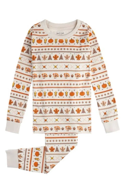 Petit Lem Kids' Harvest Fair Isle Print Organic Cotton Fitted Two-piece Pajamas In Beige