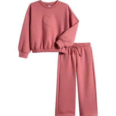 Petit Lem Kids' Heart Sweatshirt & Wide Leg Sweatpants Set In Red