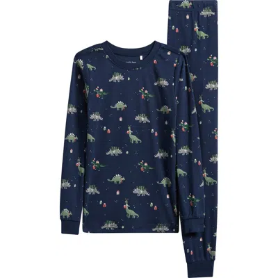 Petit Lem Kids' Holiday Dinosaur Print Fitted Organic Cotton Two-piece Pajamas In Blue