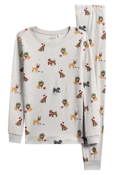 Petit Lem Kids' Holiday Pugs Print Fitted Organic Cotton Two-piece Pajamas In Gray