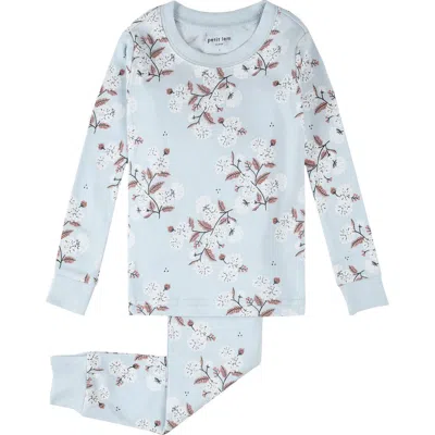 Petit Lem Kids' Hydrangea Print Organic Cotton Fitted Two-piece Pajamas In Light Blue