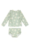 Petit Lem Kids' Long Sleeve Daisy Print Two-piece Rashguard Swimsuit In Light Green