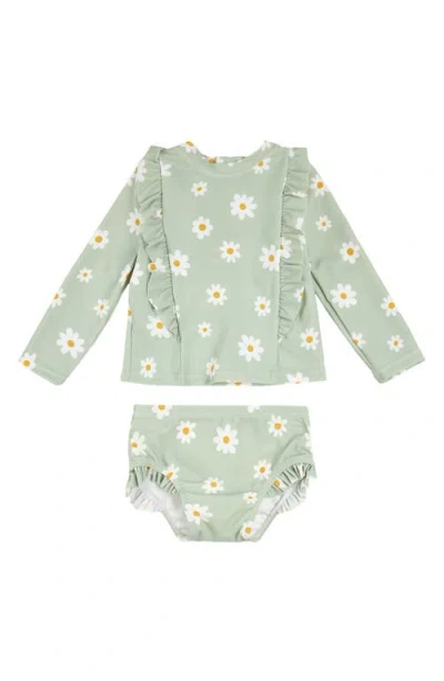 Petit Lem Kids' Long Sleeve Daisy Print Two-piece Rashguard Swimsuit In Light Green