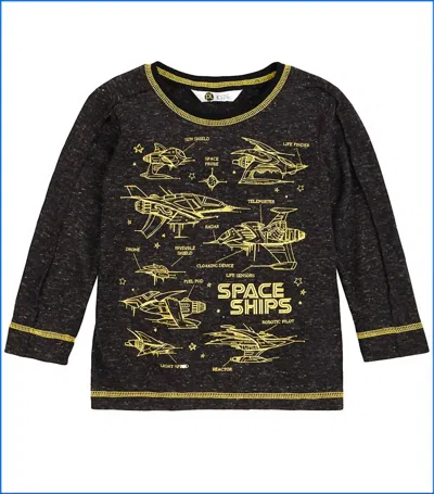 Petit Lem Kids Long Sleeve Spaceship T-shirt In Grey In Black