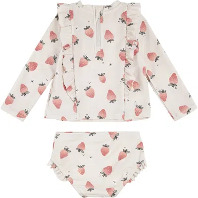 Petit Lem Kids' Long Sleeve Strawberry Print Two-piece Rashguard Swimsuit In Beige