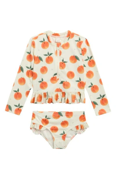 Petit Lem Kids' Peach Print Ruffle Two-piece Rashguard Swimsuit In Multi
