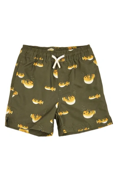 Petit Lem Kids' Pufferfish Print Swim Trunks In Dark Green