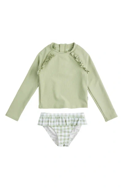 Petit Lem Kids' Ruffle Ribbed Long Sleeve Rashguard Two-piece Swimsuit In Green