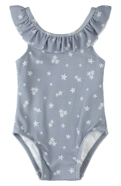 Petit Lem Kids' Ruffle Starfish Print One-piece Swimsuit In Blue
