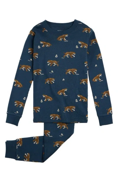 Petit Lem Kids' Saber-tooth Tiger Print Fitted Organic Cotton Two-piece Pajamas In Blue