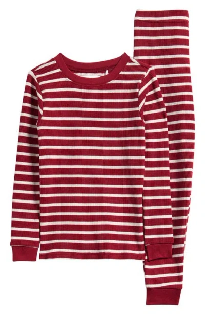 Petit Lem Kids' Scarlet Red Stripe Thermal Fitted Two-piece Pajamas