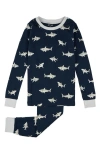 Petit Lem Kids' Shark Print Fitted Two-piece Organic Cotton Rib Pajamas In Blue