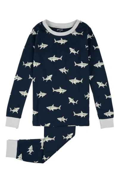 Petit Lem Kids' Shark Print Fitted Two-piece Organic Cotton Rib Pajamas In Blue