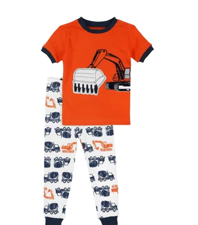 Petit Lem Kids Short Sleeve Construction Trucks Pajama Set In Orange