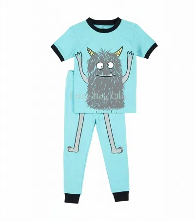 Petit Lem Kids Short Sleeve Glow In The Dark Sleep Monster 2-piece Pajama Set In Turquoise In Blue