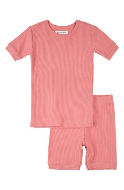 Petit Lem Kids' Solid Rib Fitted Two-piece Short Pajamas In Red