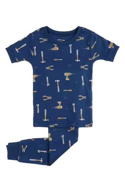 Petit Lem Kids' Tool Print Fitted Organic Cotton Two-piece Pajamas In Blue