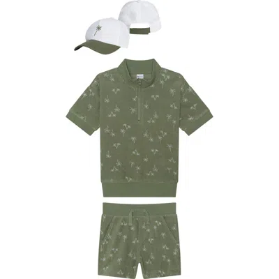Petit Lem Kids' Towel Terry Quarter Zip Shirt, Shorts & Baseball Cap Set In Green