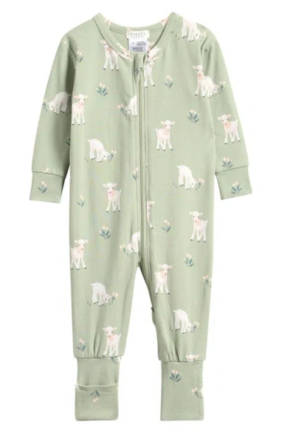 Petit Lem Babies'  Little Lambs Fitted Stretch Organic Cotton Blend Convertible Footie Pajamas In Green