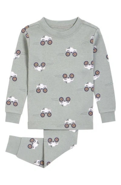 Petit Lem Babies'  Monster Truck Print Fitted Two-piece Organic Cotton Pajamas In Gray