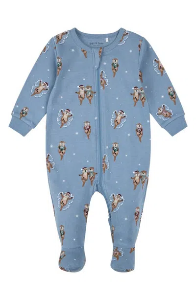 Petit Lem Kids'  Otter Print Footed Sleeper In Dark Blue