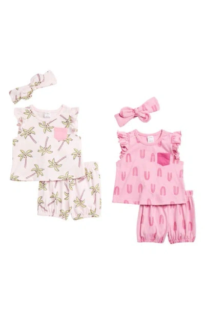 Petit Lem Babies'  Pack Of Two Headband, Top & Shorts Set In Pink Rainbow