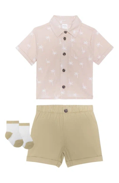 Petit Lem Babies'  Print Button-up Shirt, Shorts & Socks Set In Beige Palm Trees