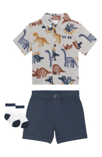 Petit Lem Babies'  Print Button-up Shirt, Shorts & Socks Set In Navy Dinos