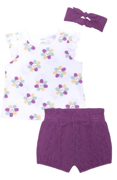 Petit Lem Babies' Print Top, Eyelet Shorts & Headband Set In Dark Purple Flower