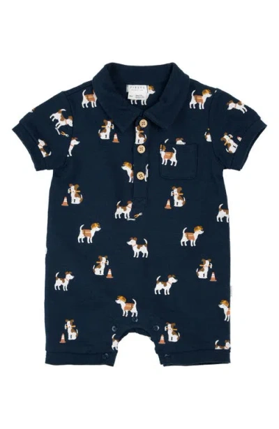 Petit Lem Babies'  Pups At Work Organic Cotton Polo Romper In Blue